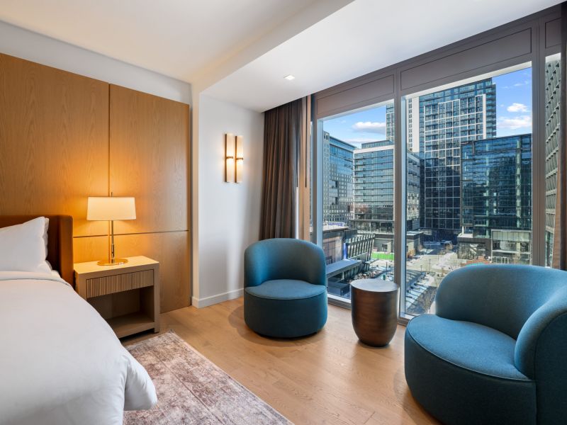 commercial boutique hotel room chairs with city view